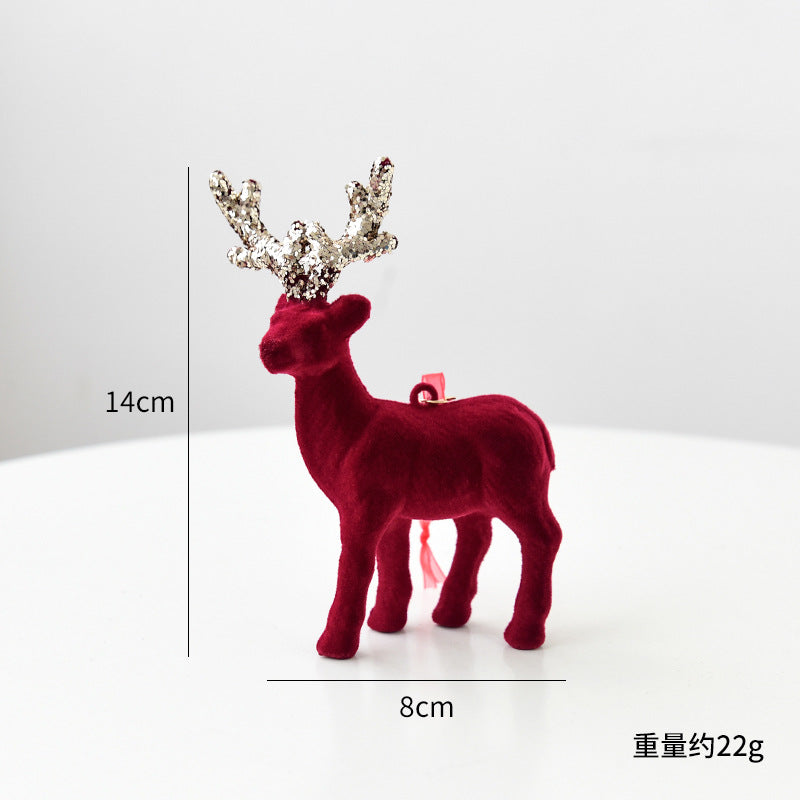 Christmas Decoration Reindeer Desktop Ornament Christmas Tree Decoration Hanging Decoration Glitter Wine Red Flocked Reindeer Pendant