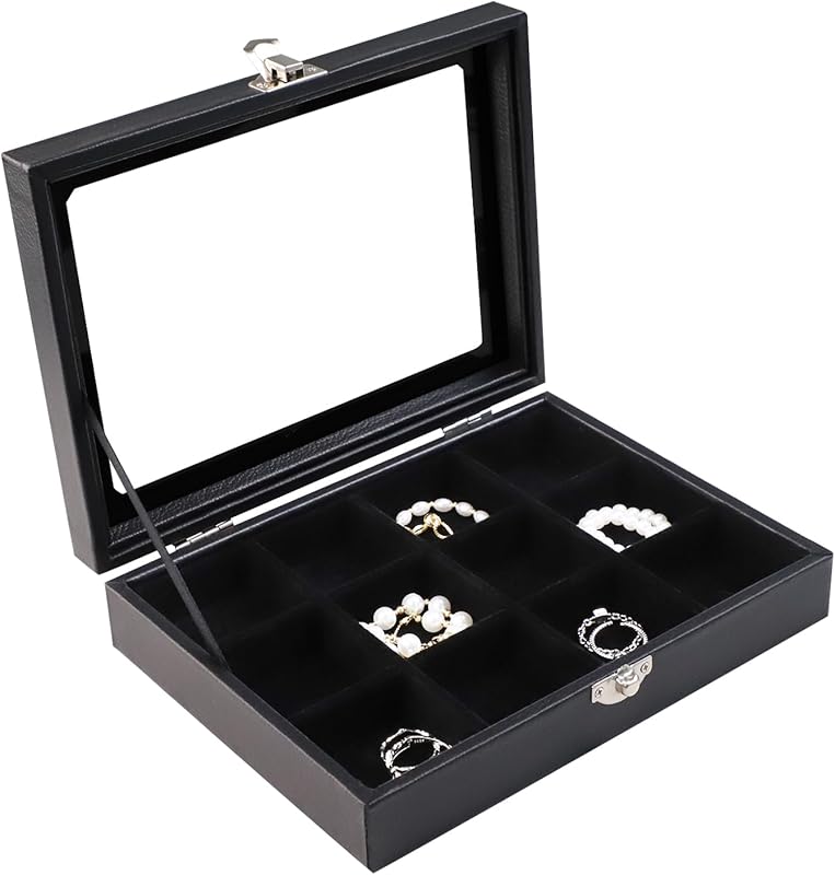 Wood Ring Box Glass Lid Metal Clasp Velvet Lining – Jewelry Storage Display Tray