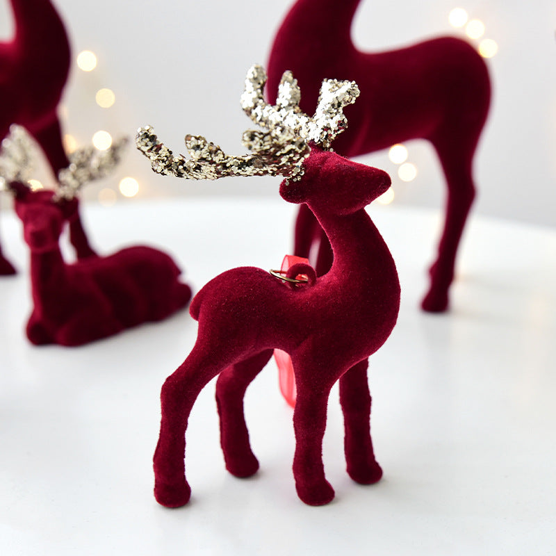 Christmas Decoration Reindeer Desktop Ornament Christmas Tree Decoration Hanging Decoration Glitter Wine Red Flocked Reindeer Pendant