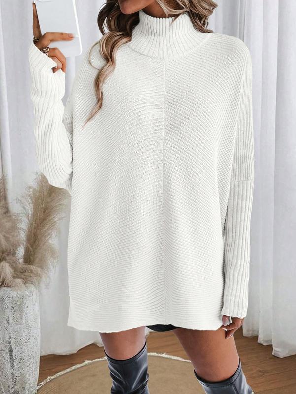 Cakulo FallFreshness Women's White High-Neck Bat-Sleeve Knitted Sweater Elegant Everyday Knitwear Tops for Casual Outings & Home Relaxation - Elegance