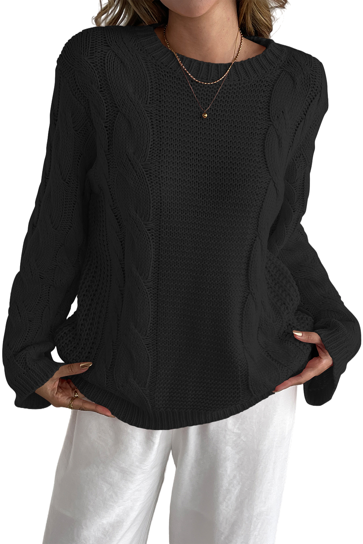 Cakulo Womens Oversized Pullover: Chunky Cable Knit, Crewneck, Bell Sleeve 2025