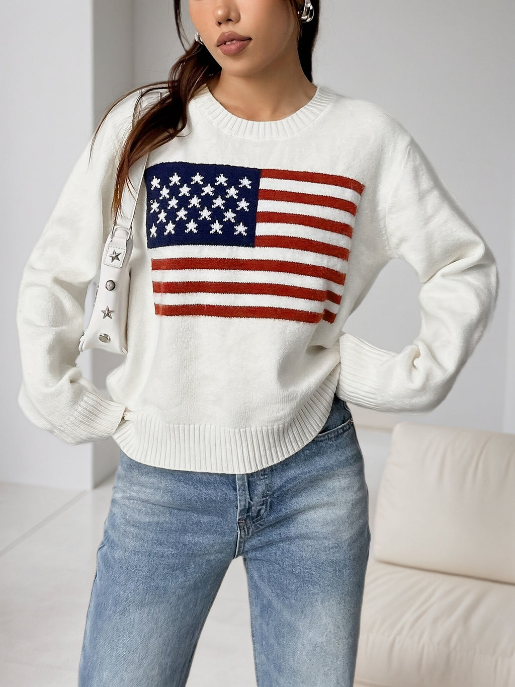 Cakulo FallFreshness Patriotic American Flag Pattern Sweater White Crew Neck Long Sleeve Style Hoodie Tops Polyester Material Jeans Womenswear