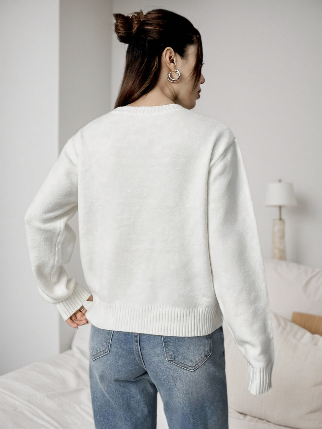 Cakulo FallFreshness Patriotic American Flag Pattern Sweater White Crew Neck Long Sleeve Style Hoodie Tops Polyester Material Jeans Womenswear