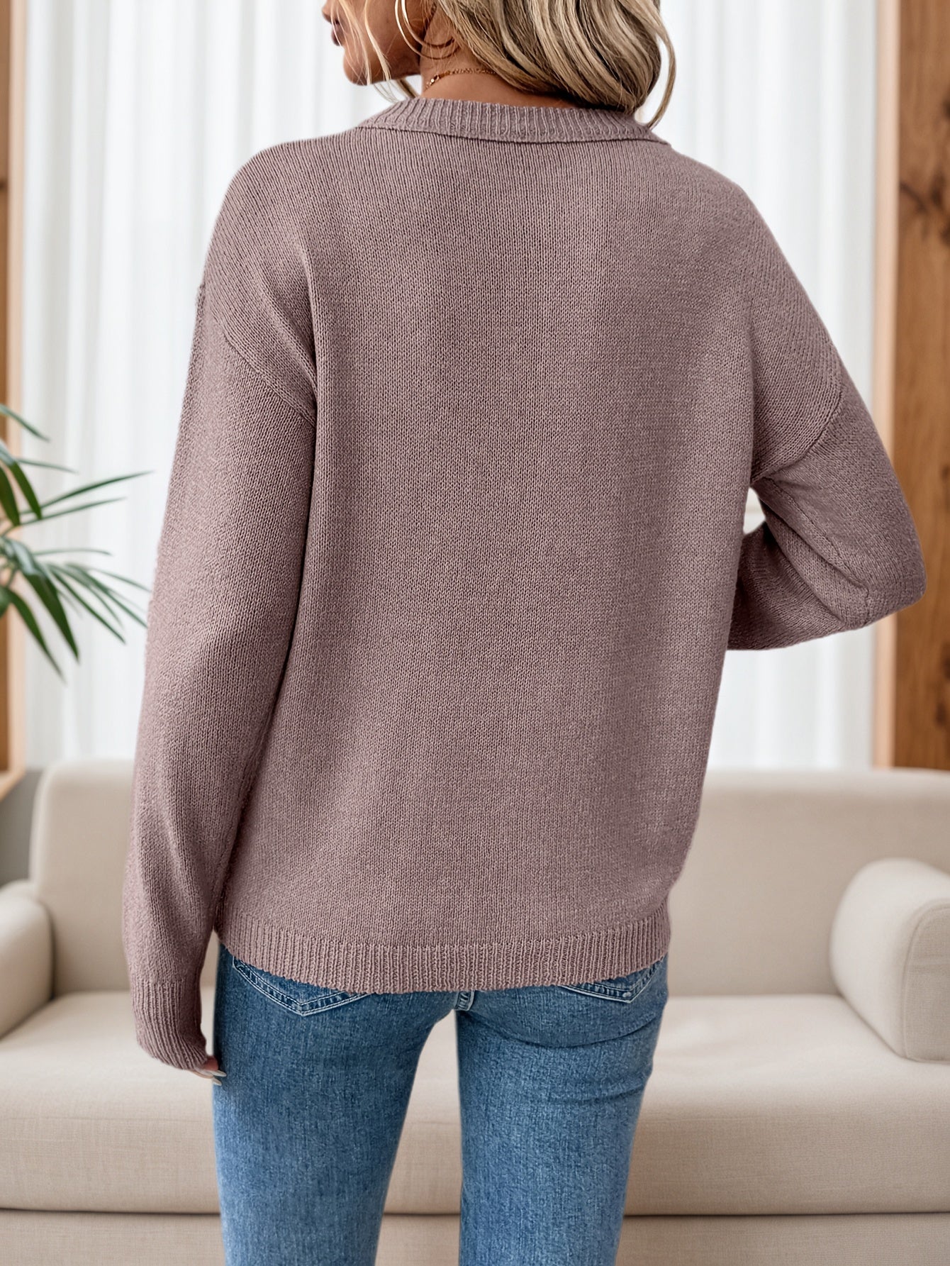 Cakulo FallFreshness Women's Casual Round Neck Pullover Sweater Solid Color Loose Fit Dropped Shoulder Knitwear Top