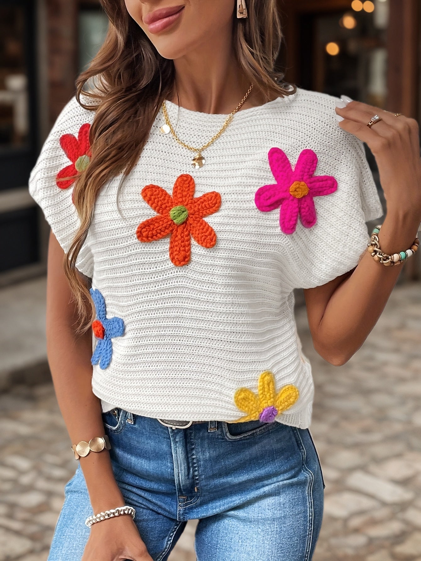 Cakulo FallFreshness Women's Floral Embroidery Knitted Sweater - Casual Elegance Round Neck Short Sleeve Outfit