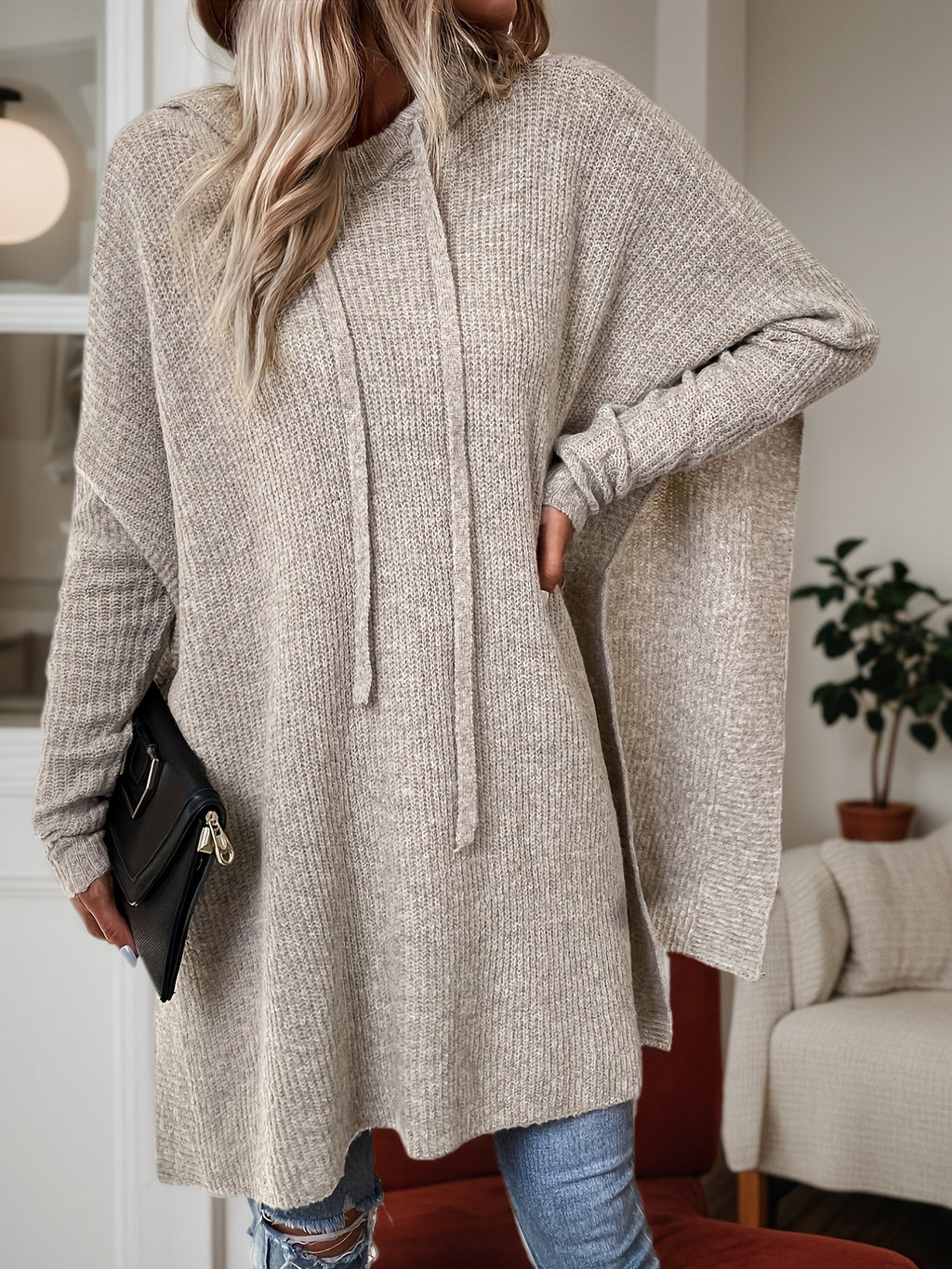 Cakulo FallFreshness Women's Wool Bat Sleeves Drawstring Hoodie Loose Fit Pullover Casual Fashion Sweater for Everyday Wear