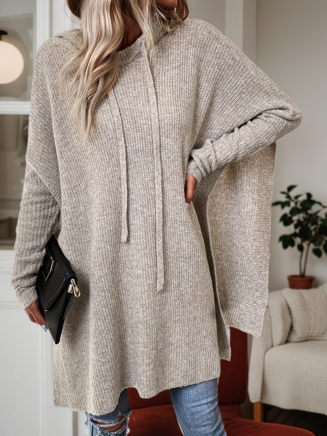 Cakulo FallFreshness Women's Wool Bat Sleeves Drawstring Hoodie Loose Fit Pullover Casual Fashion Sweater for Everyday Wear