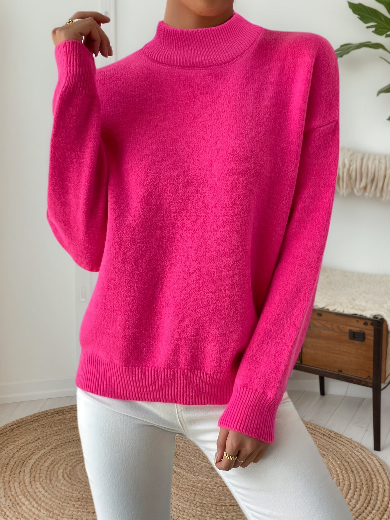 Cakulo FallFreshness Women's Solid Color Round Neck Dropped Shoulder Knitted Pullover Sweater Chic Elegance Everyday Wear Soft Fabri