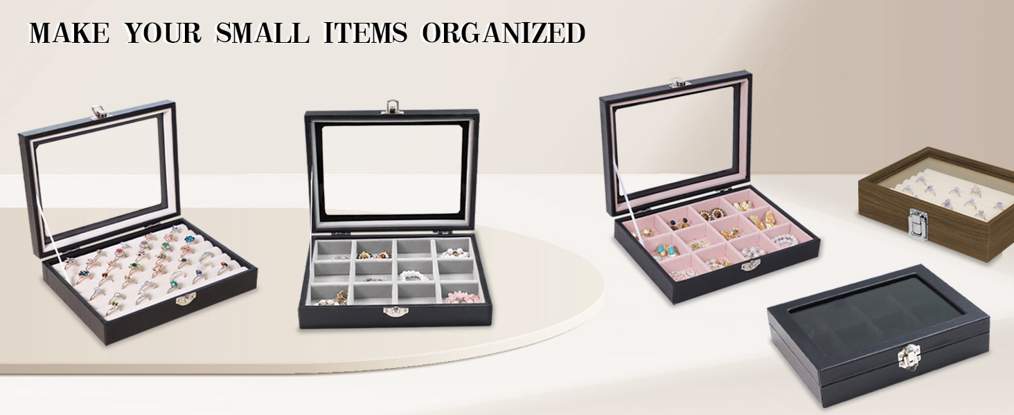 Cakulo Wood Ring Box Glass Lid Metal Clasp Velvet Lining – Jewelry Storage Display Tray