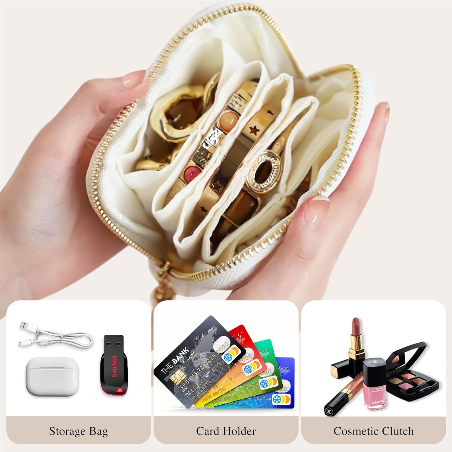 Cakulo Portable Travel Jewelry Case Pouches for Crystals Bracelets Rings—White Tassel
