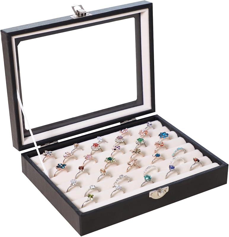 Cakulo Wood Ring Box Glass Lid Metal Clasp Velvet Lining – Jewelry Storage Display Tray