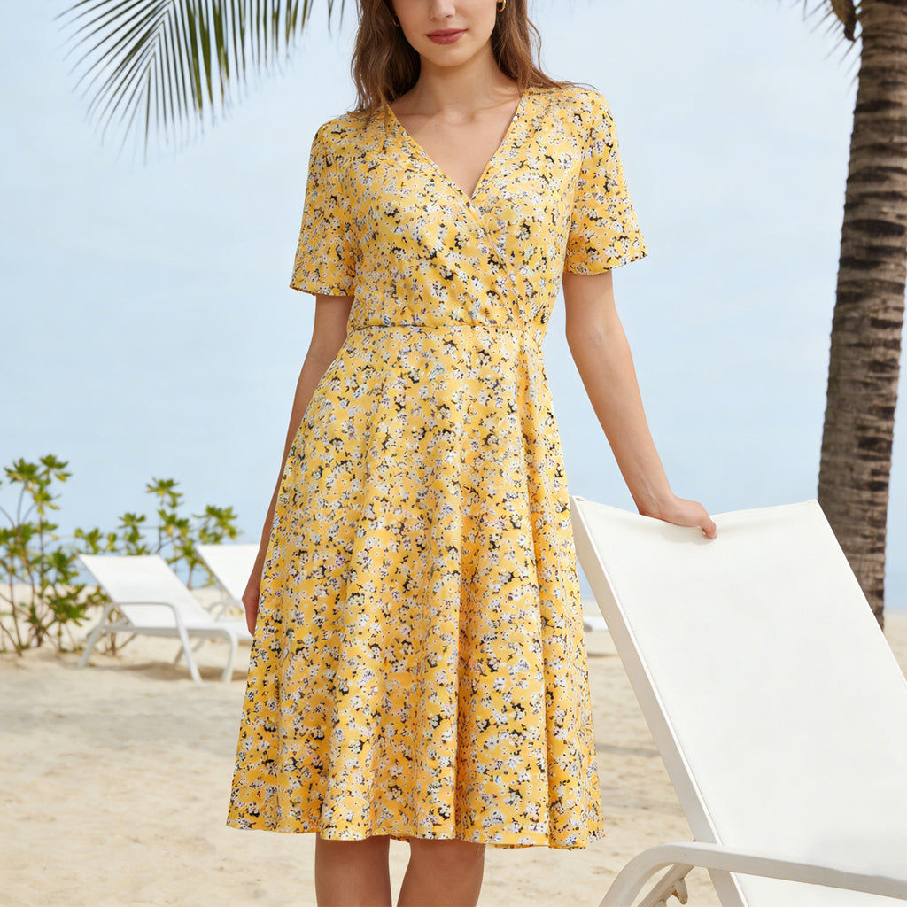 Cakulo Women's V-Neck Floral Print Short Sleeve Wrap Dress – Summer Casual A-Line Beach Vacation Dress