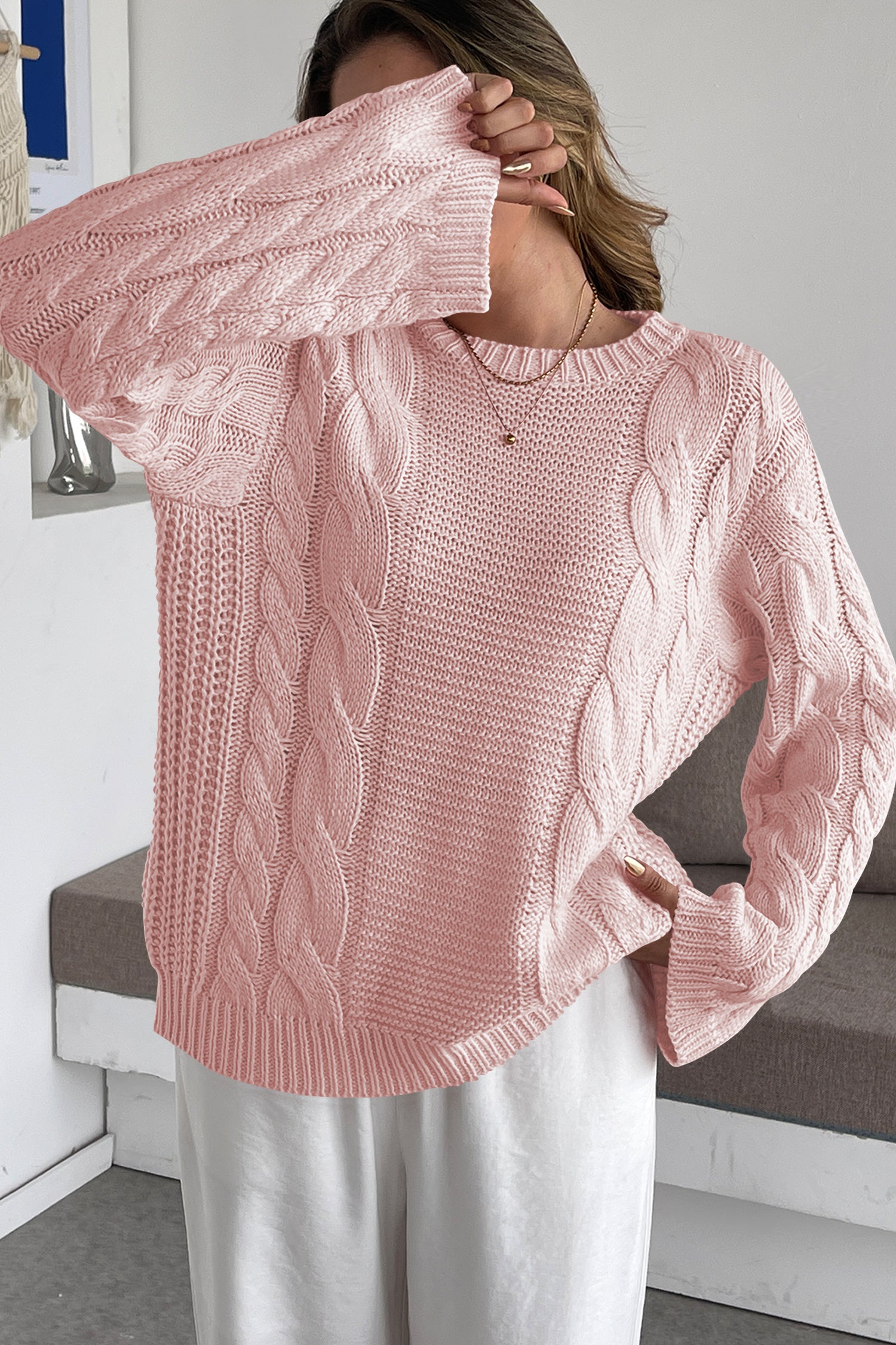 Cakulo Womens Oversized Pullover: Chunky Cable Knit, Crewneck, Bell Sleeve 2025