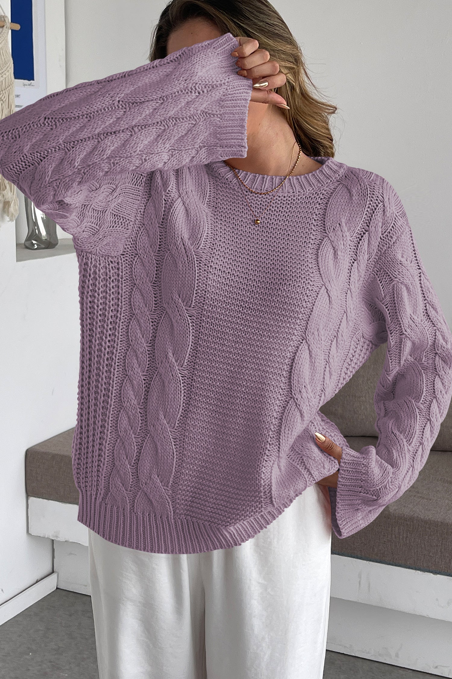 Cakulo Womens Oversized Pullover: Chunky Cable Knit, Crewneck, Bell Sleeve 2025