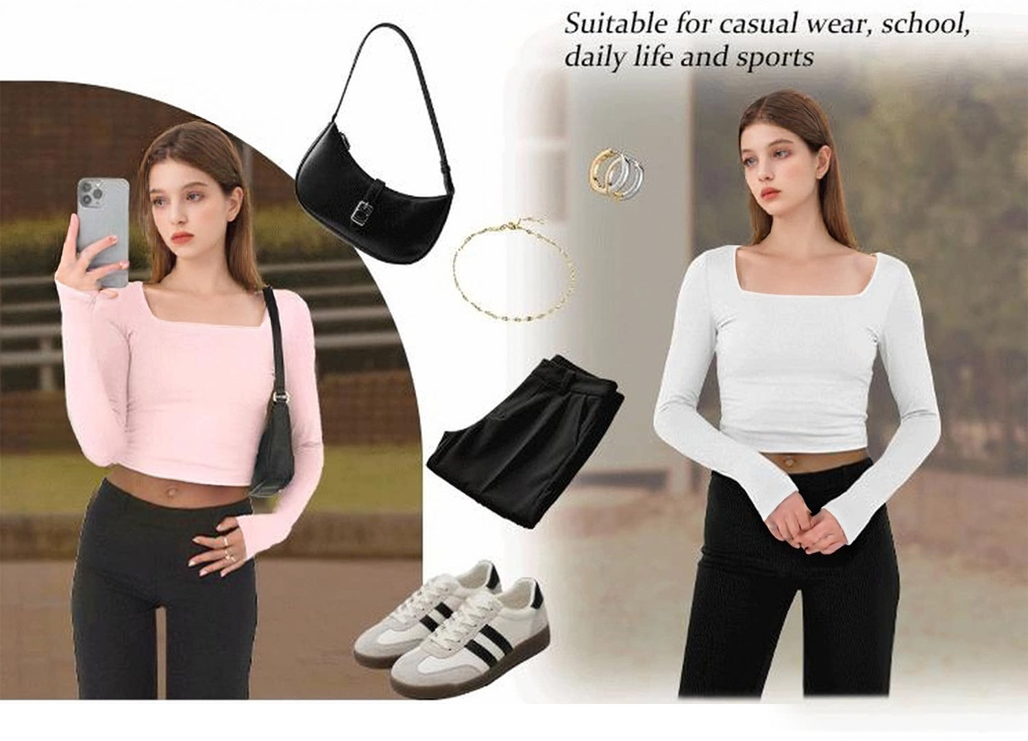 Cakulo Women's 4-Pack Long Sleeve Crop Tops Y2K Casual Streetwear