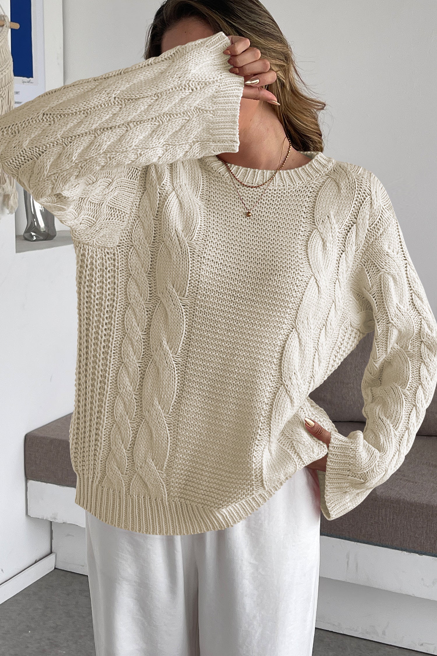 Cakulo Womens Oversized Pullover: Chunky Cable Knit, Crewneck, Bell Sleeve 2025