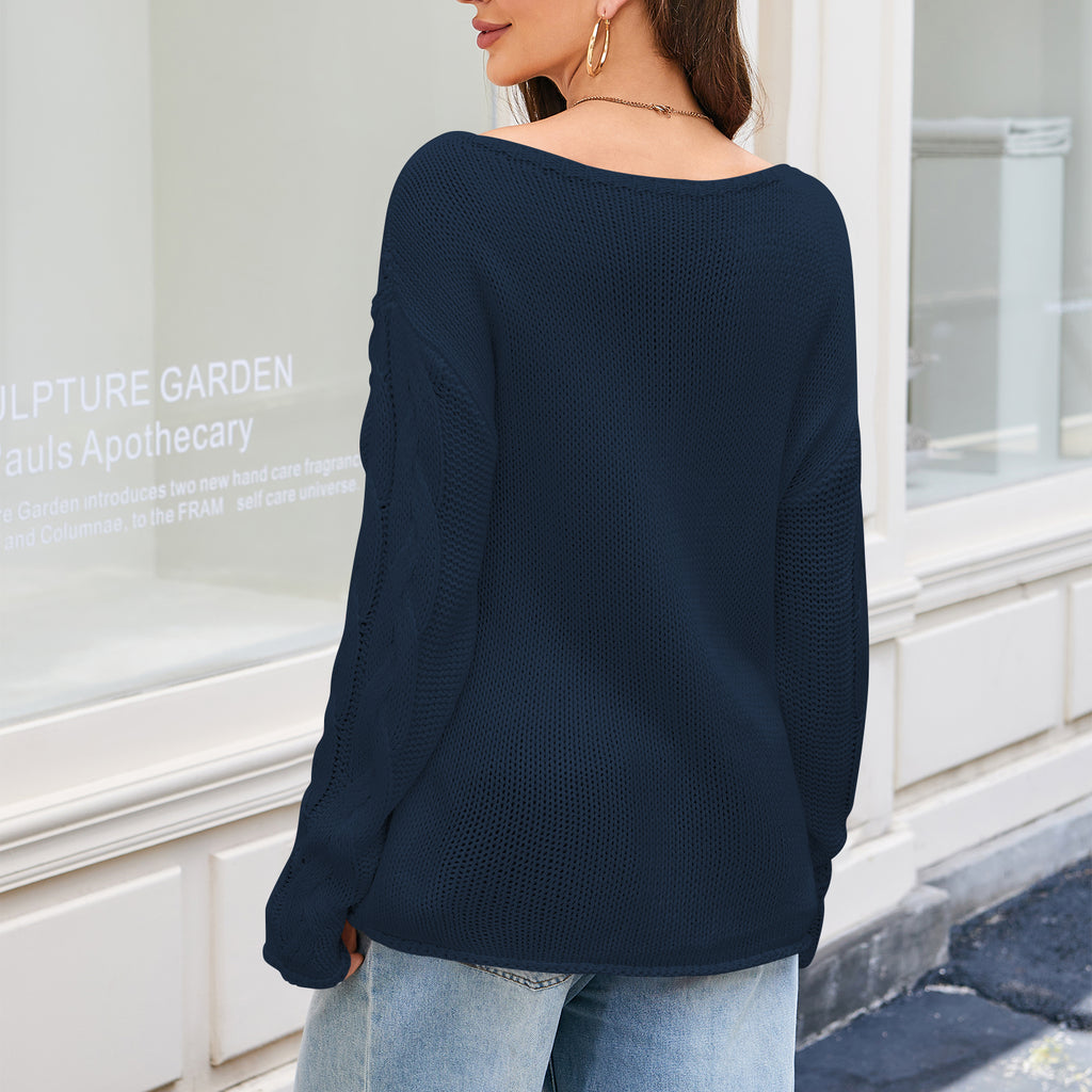 Cakulo Womens 2025 Oversized V - Neck Off - Shoulder Cable Knit Sweater