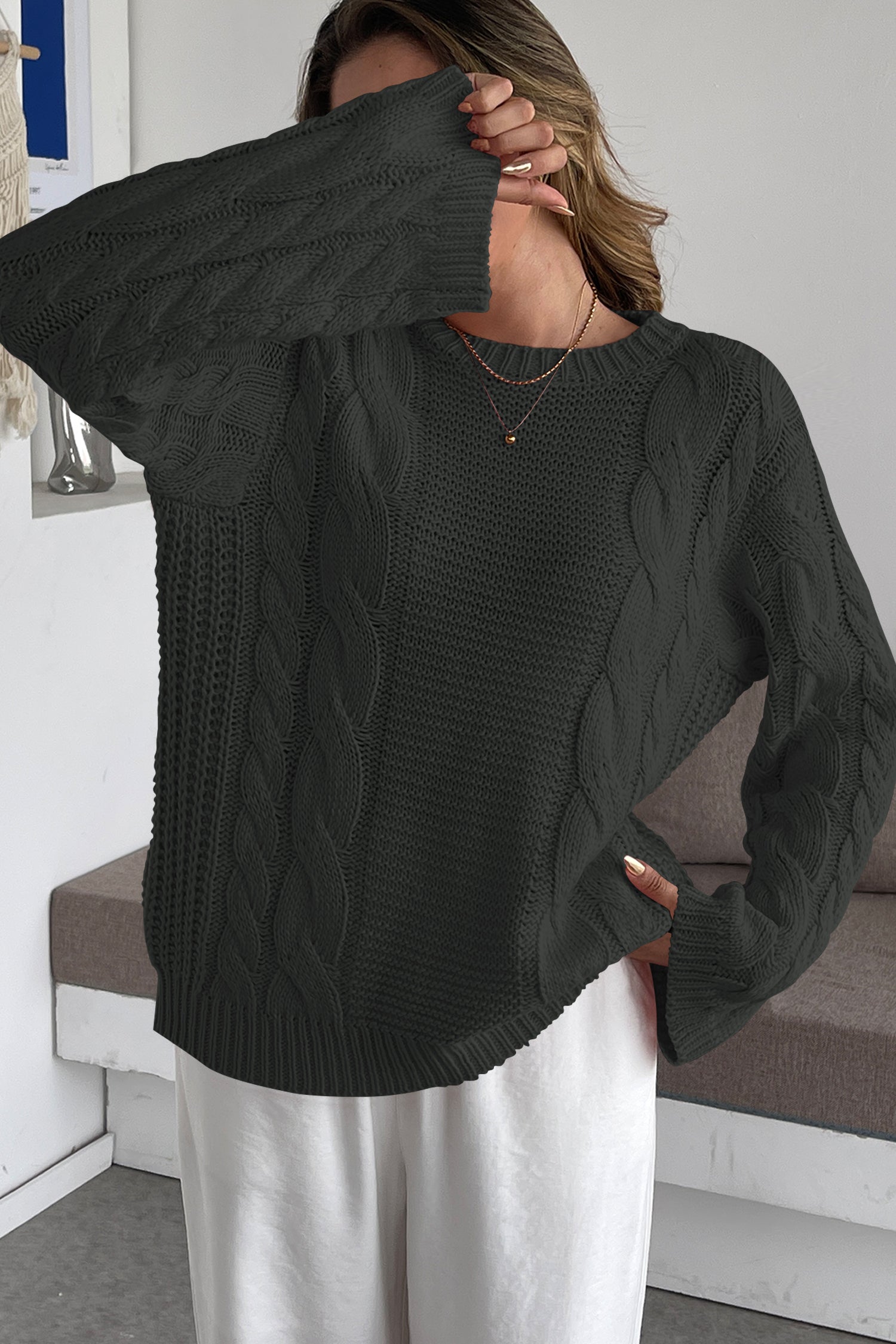 Cakulo Womens Oversized Pullover: Chunky Cable Knit, Crewneck, Bell Sleeve 2025
