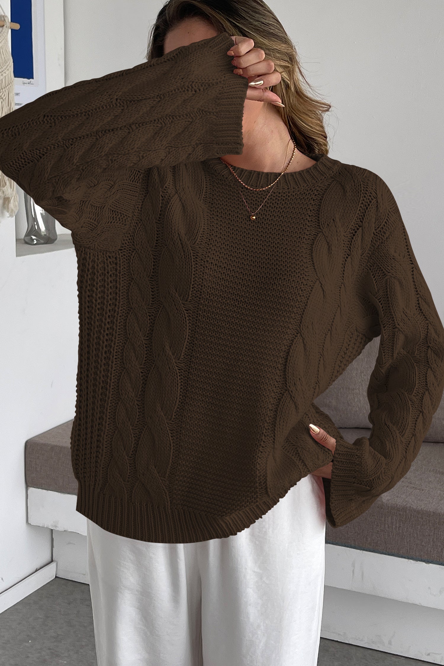 Cakulo Womens Oversized Pullover: Chunky Cable Knit, Crewneck, Bell Sleeve 2025