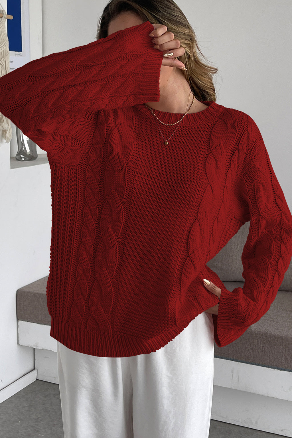 Cakulo Womens Oversized Pullover: Chunky Cable Knit, Crewneck, Bell Sleeve 2025