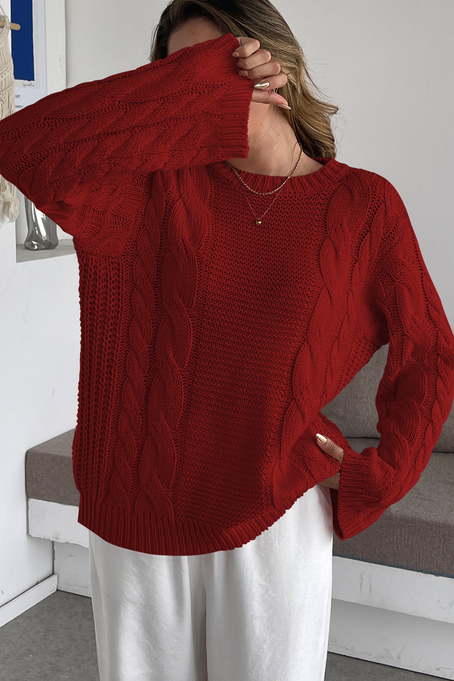 Cakulo Womens Oversized Pullover: Chunky Cable Knit, Crewneck, Bell Sleeve 2025