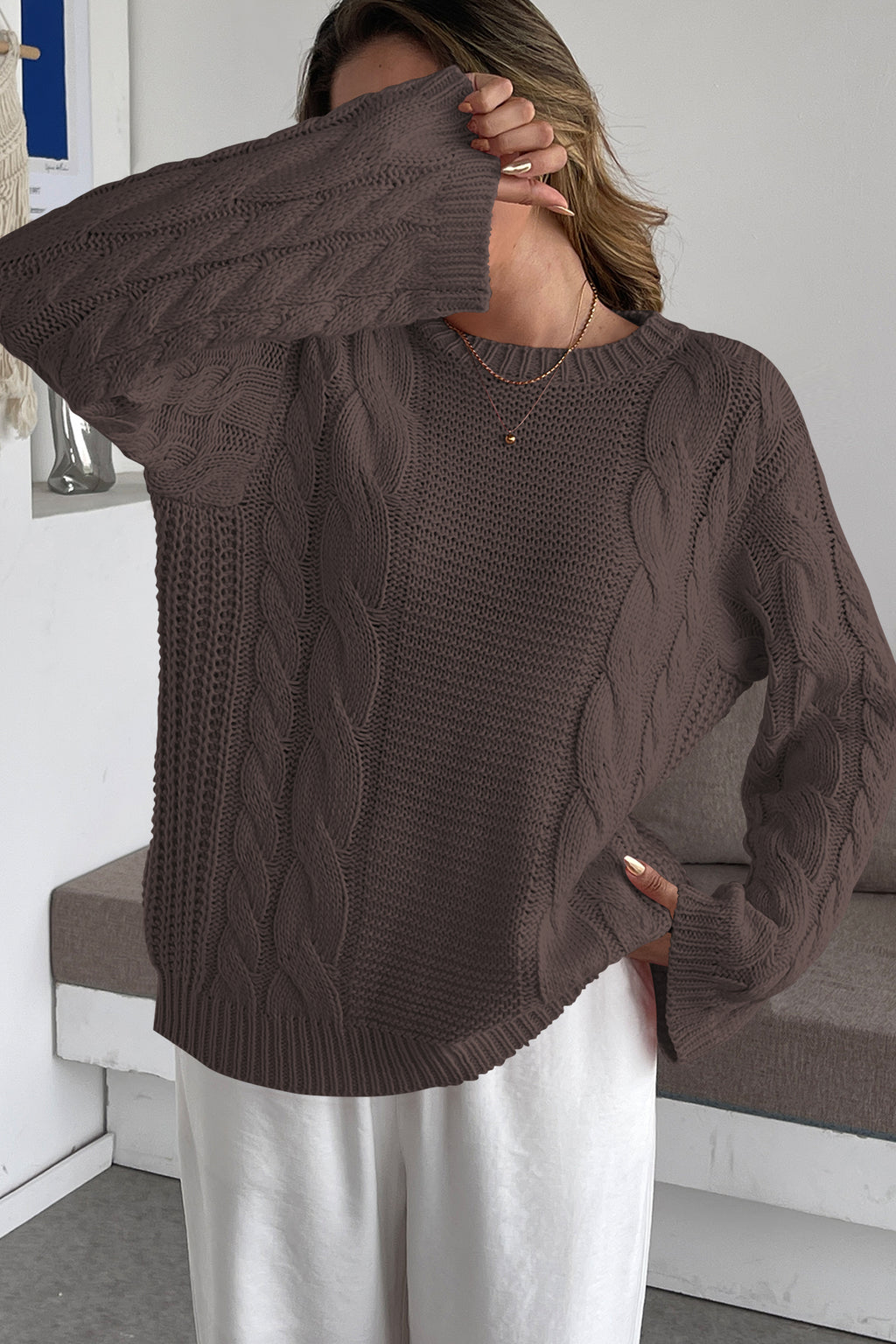 Cakulo Womens Oversized Pullover: Chunky Cable Knit, Crewneck, Bell Sleeve 2025