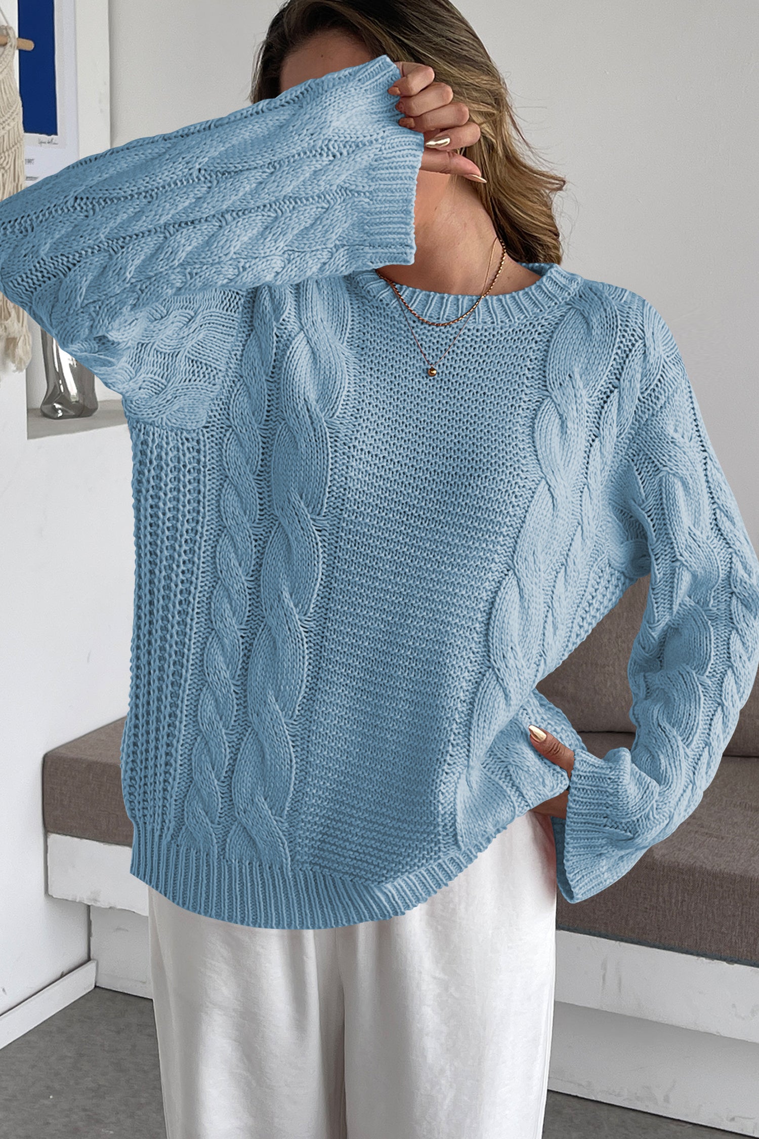 Cakulo Womens Oversized Pullover: Chunky Cable Knit, Crewneck, Bell Sleeve 2025