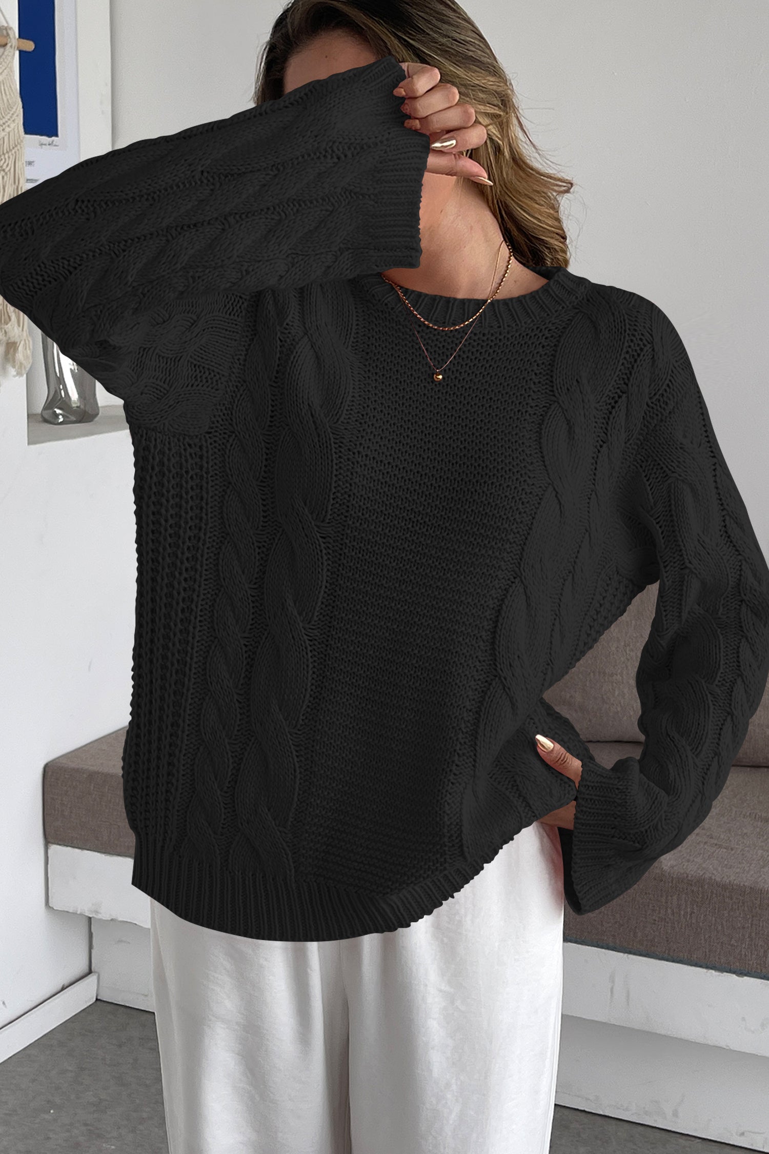 Cakulo Womens Oversized Pullover: Chunky Cable Knit, Crewneck, Bell Sleeve 2025