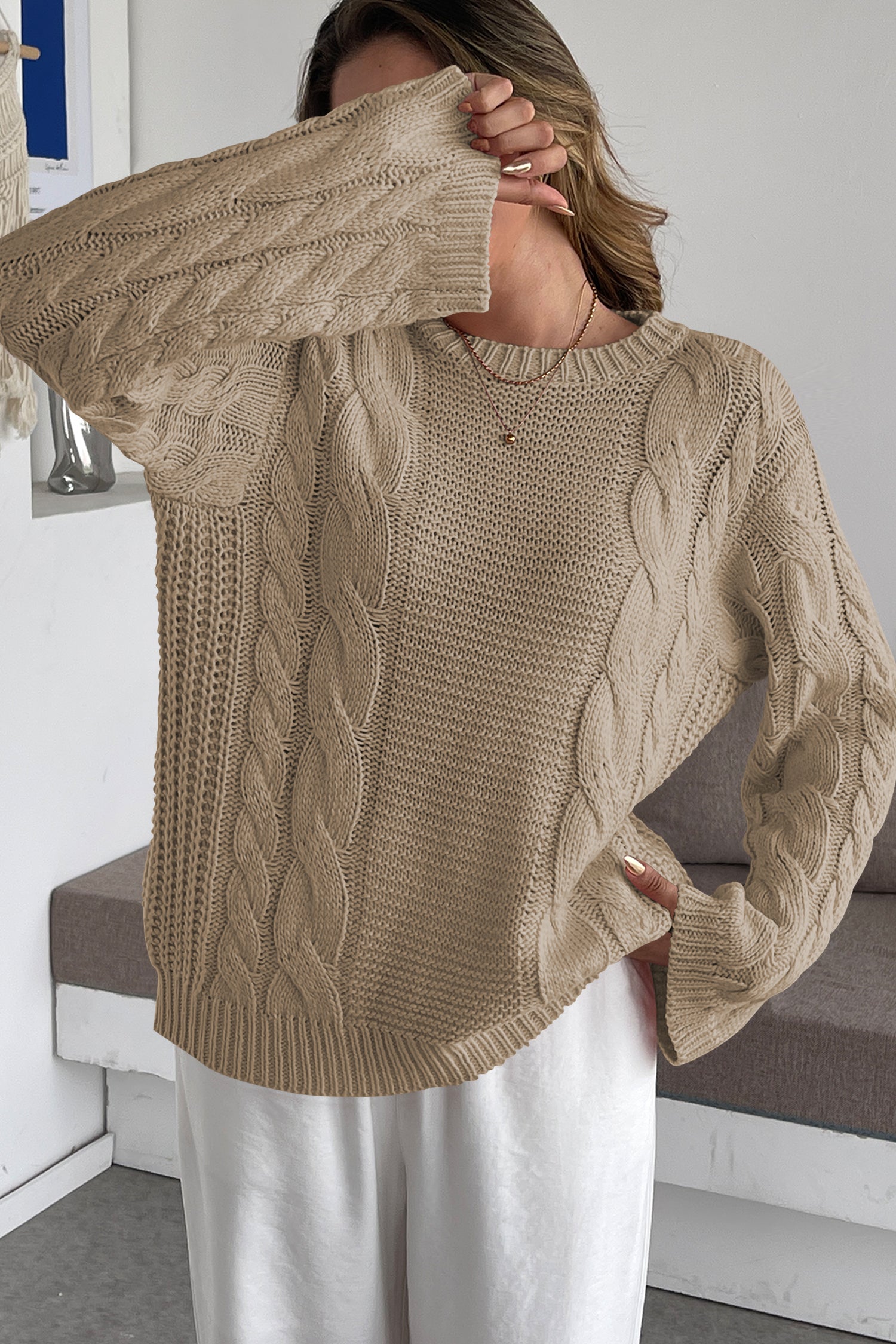Cakulo Womens Oversized Pullover: Chunky Cable Knit, Crewneck, Bell Sleeve 2025