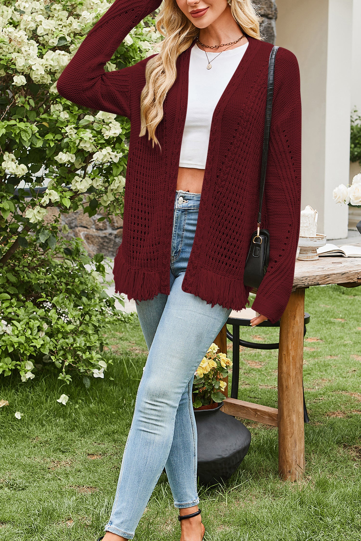 Cakulo Womens 2025 Crochet Fringe Cardigan: Lightweight, Open Front Kimono Knit