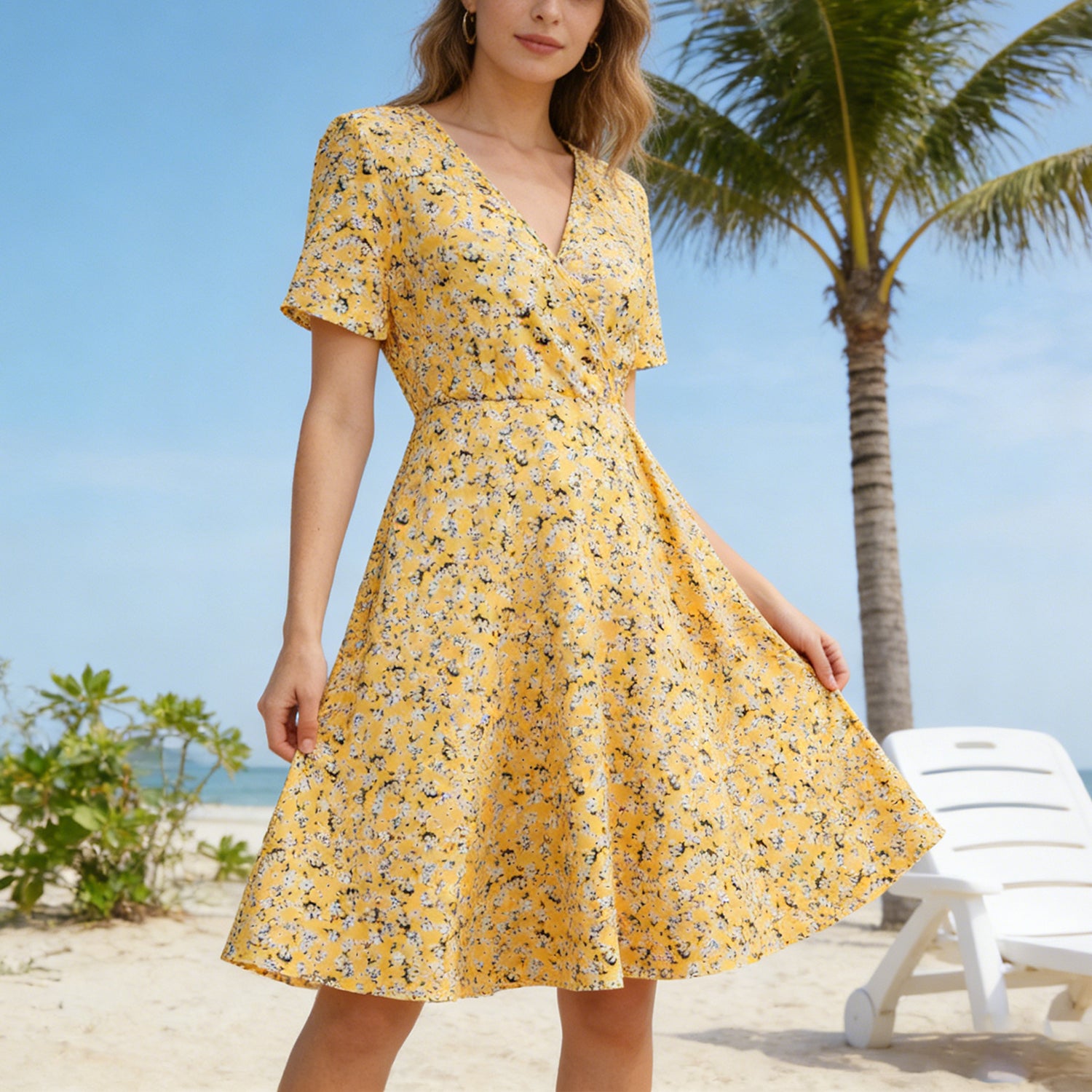 Cakulo Women's V-Neck Floral Print Short Sleeve Wrap Dress – Summer Casual A-Line Beach Vacation Dress