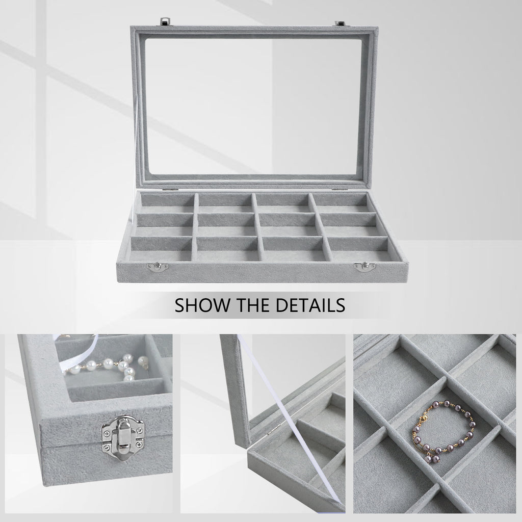 Cakulo Velvet Jewelry Organizer Tray with Clear Lid Stores Bracelets Rings Earrings