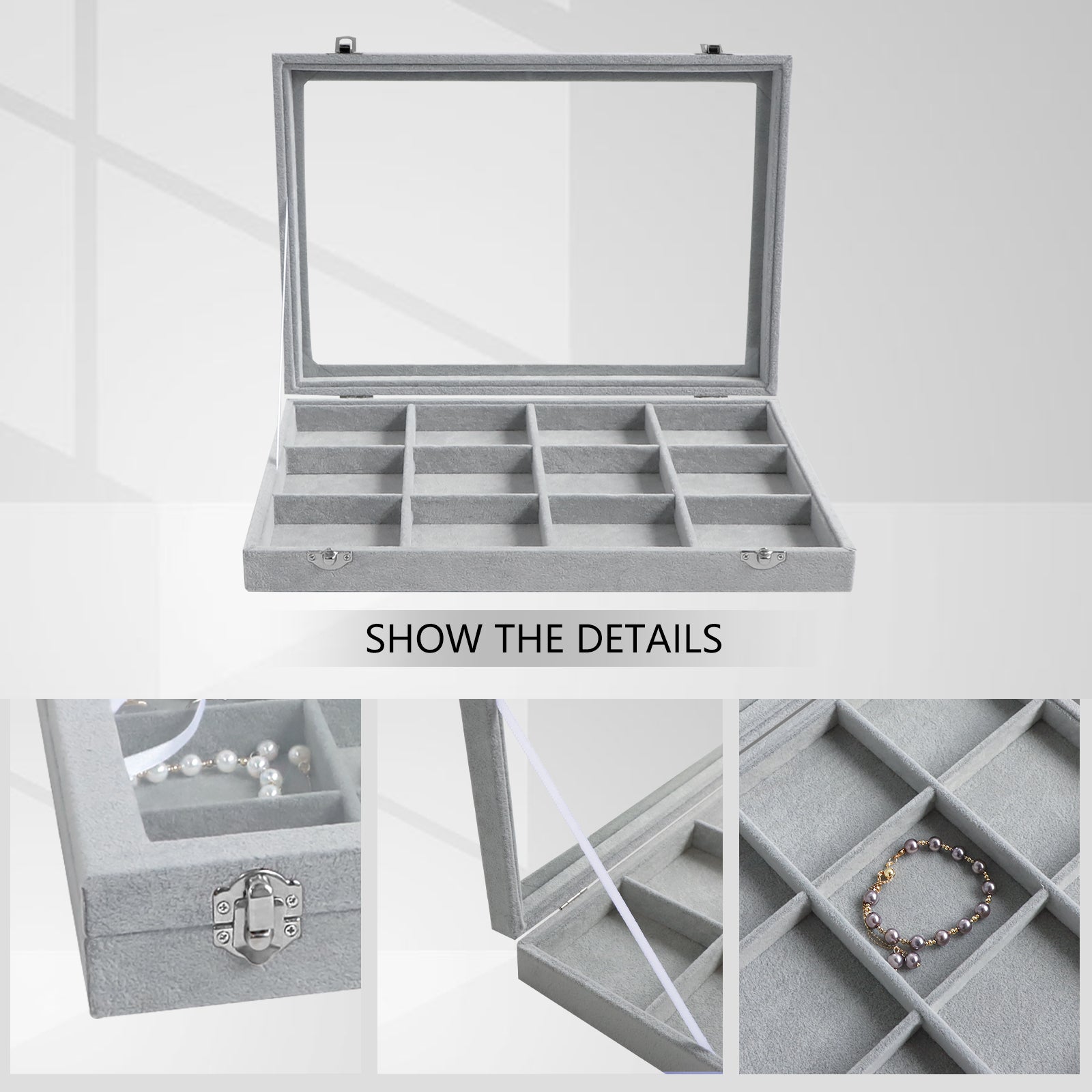 Cakulo Velvet Jewelry Organizer Tray with Clear Lid Stores Bracelets Rings Earrings
