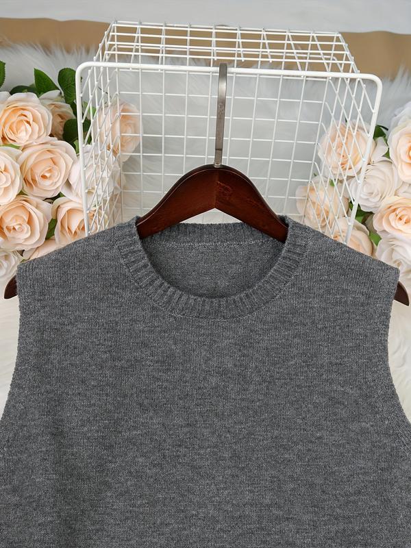 Cakulo FallFreshness Women's Sleeveless Knitted Sweater Vest Round Neck Side Slit Casual Chic Everyday Top Grey