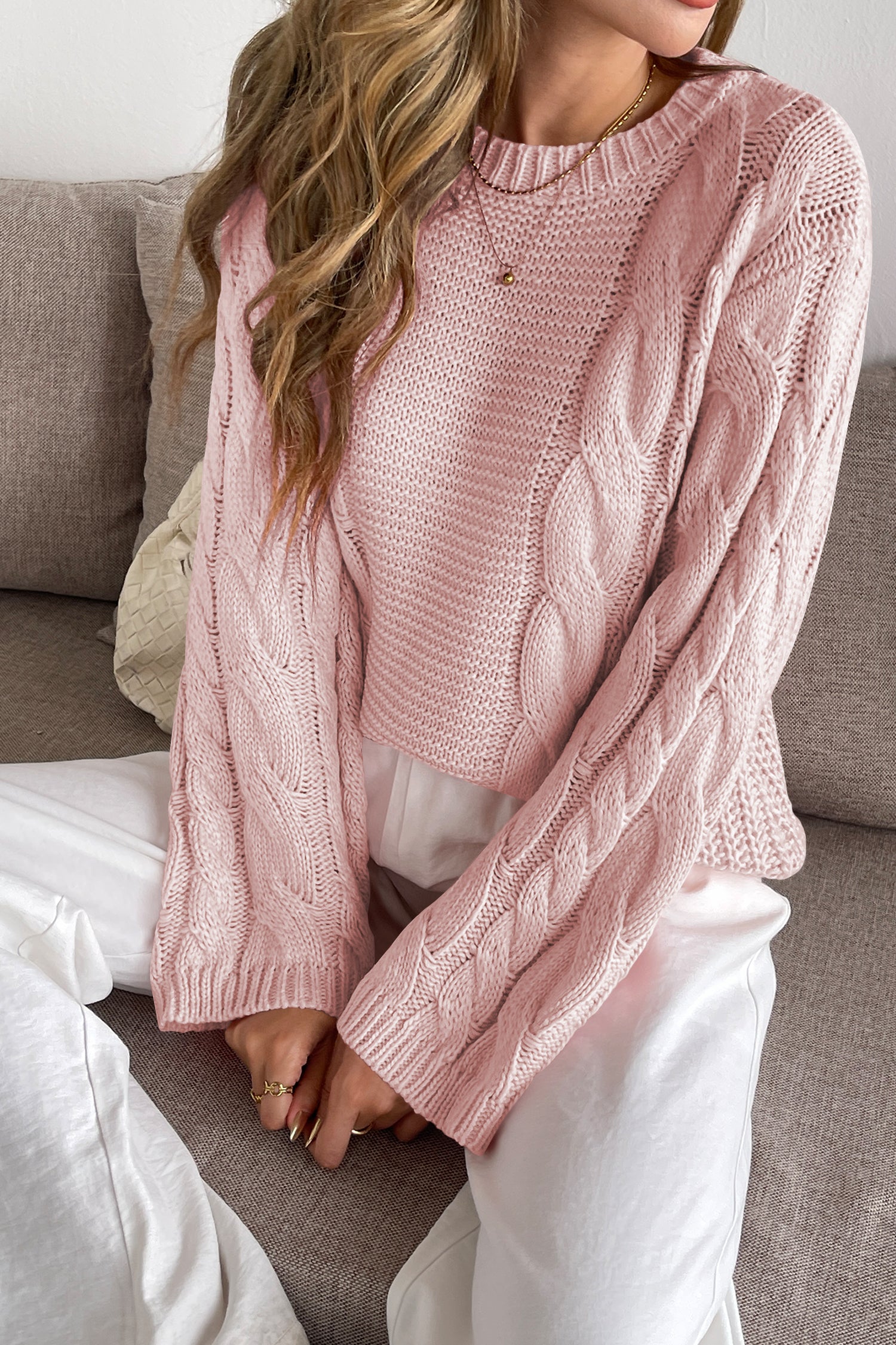 Cakulo Womens Oversized Pullover: Chunky Cable Knit, Crewneck, Bell Sleeve 2025