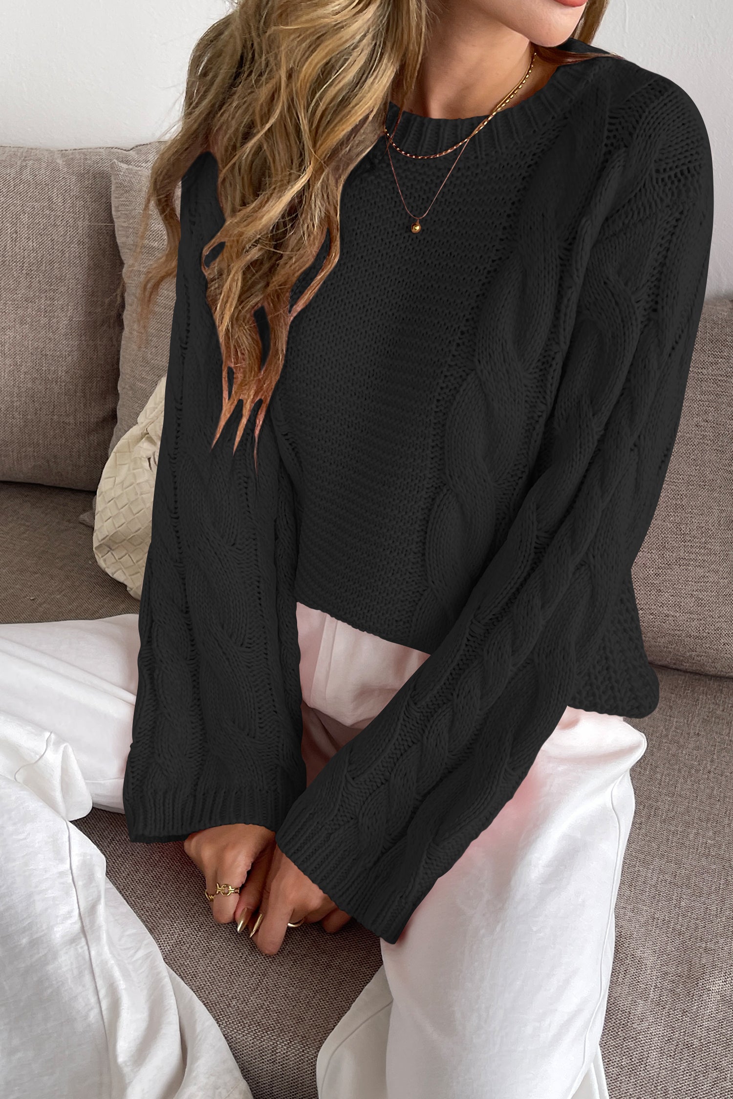 Cakulo Womens Oversized Pullover: Chunky Cable Knit, Crewneck, Bell Sleeve 2025