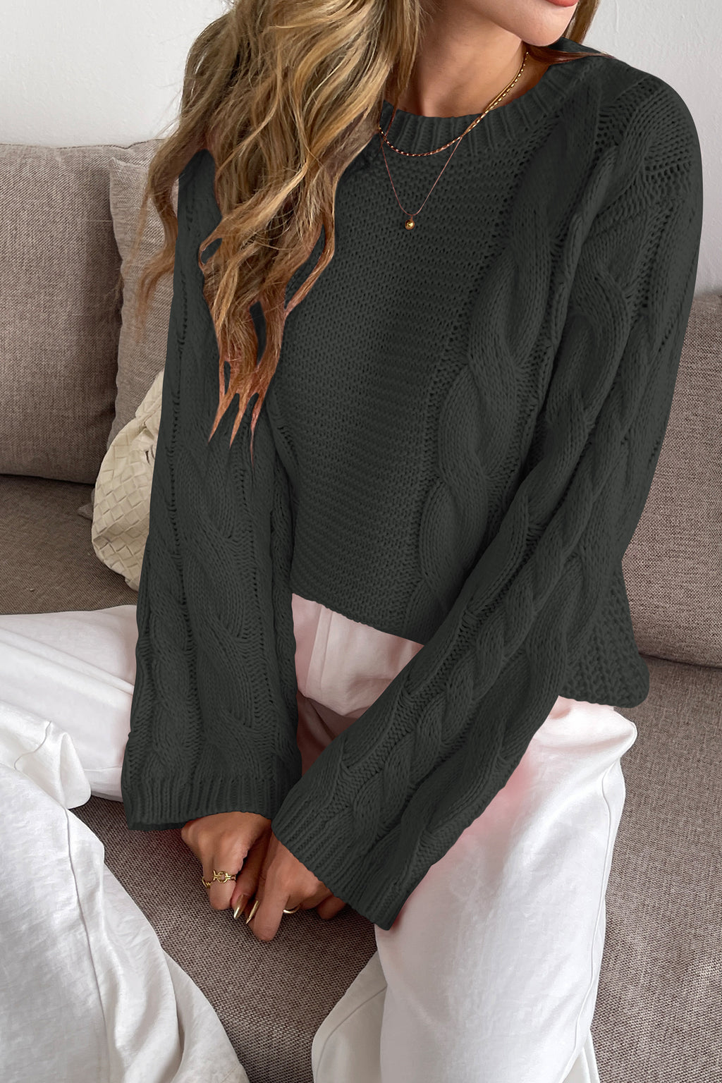 Cakulo Womens Oversized Pullover: Chunky Cable Knit, Crewneck, Bell Sleeve 2025