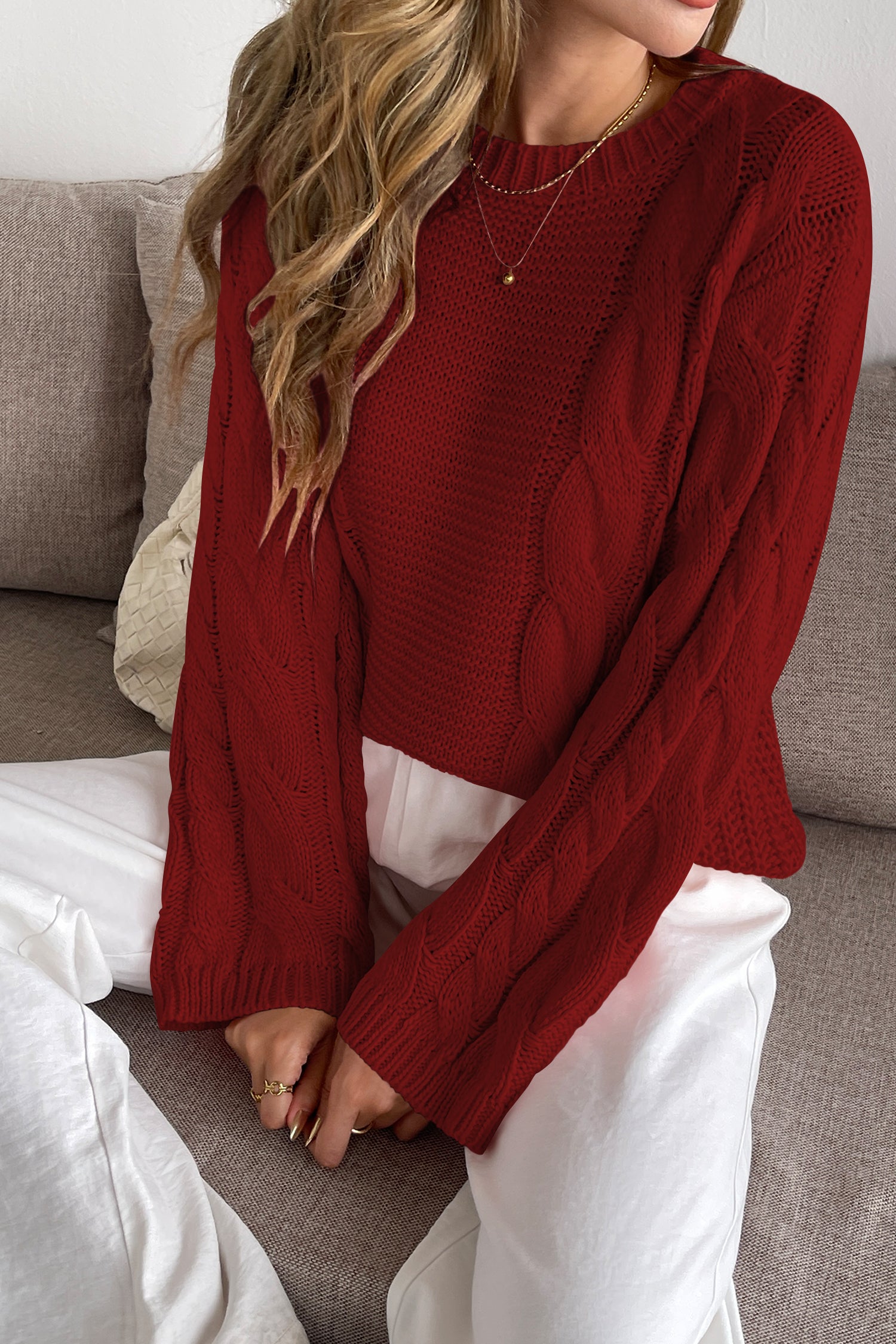 Cakulo Womens Oversized Pullover: Chunky Cable Knit, Crewneck, Bell Sleeve 2025