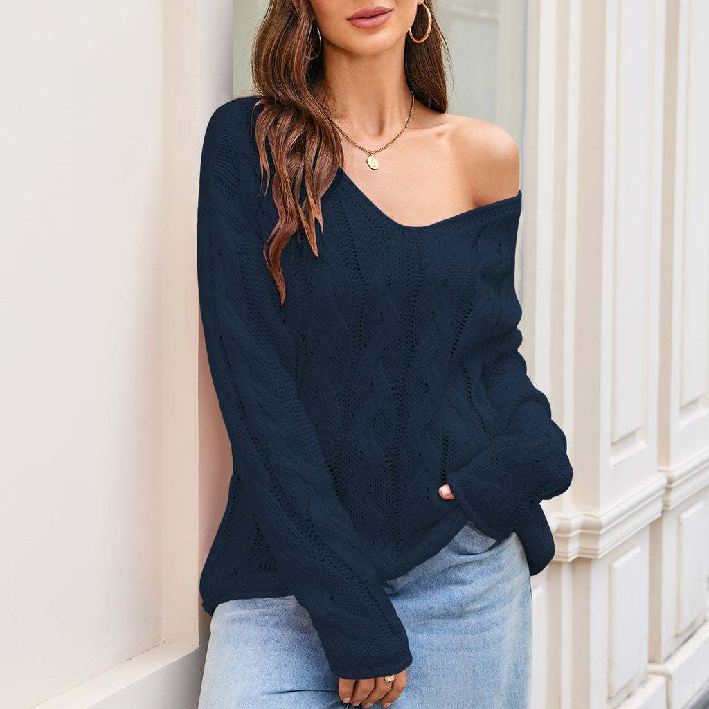 Cakulo Womens 2025 Oversized V - Neck Off - Shoulder Cable Knit Sweater