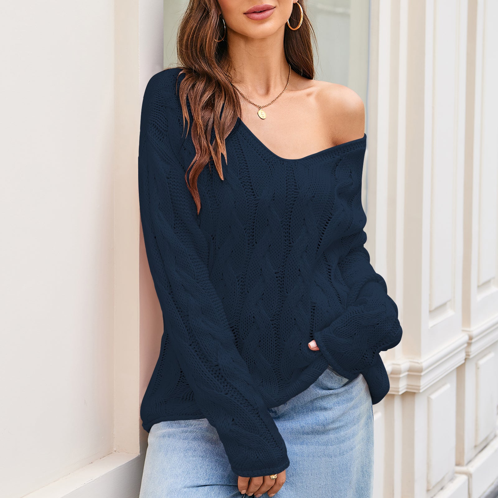 Cakulo Womens 2025 Oversized V - Neck Off - Shoulder Cable Knit Sweater