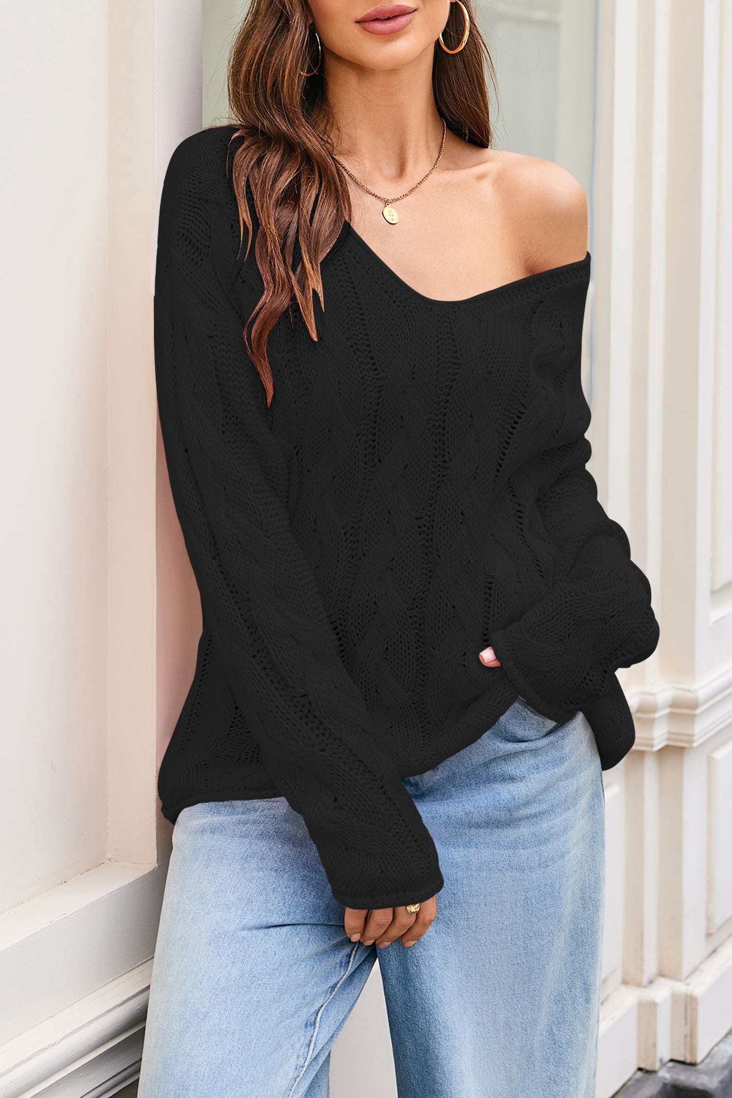 Cakulo Womens 2025 Oversized V - Neck Off - Shoulder Cable Knit Sweater