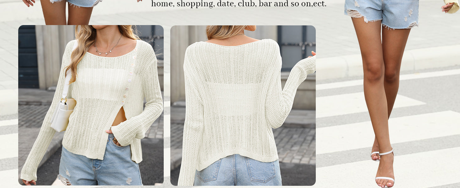 CAKULO Womens Y2K Fall Split Hem Button Off - Shoulder Crochet Sweater