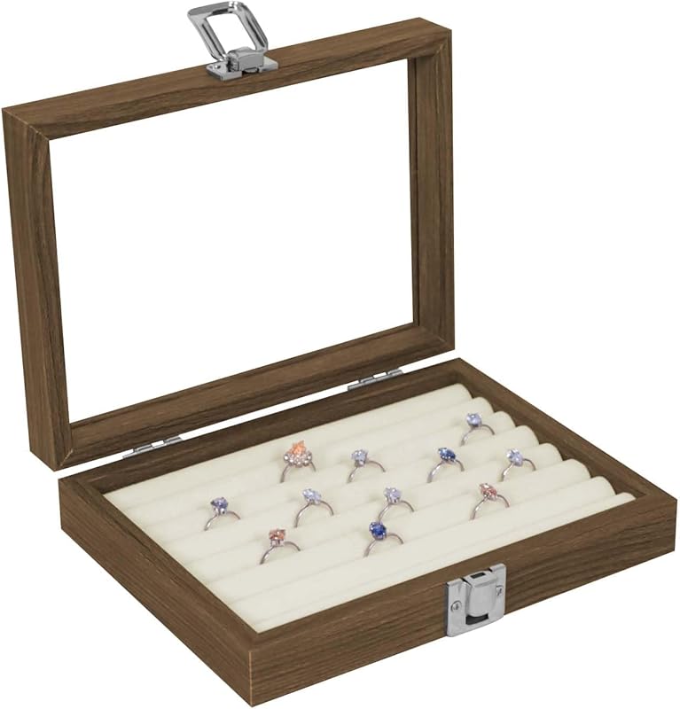 Cakulo Wood Ring Box Glass Lid Metal Clasp Velvet Lining – Jewelry Storage Display Tray