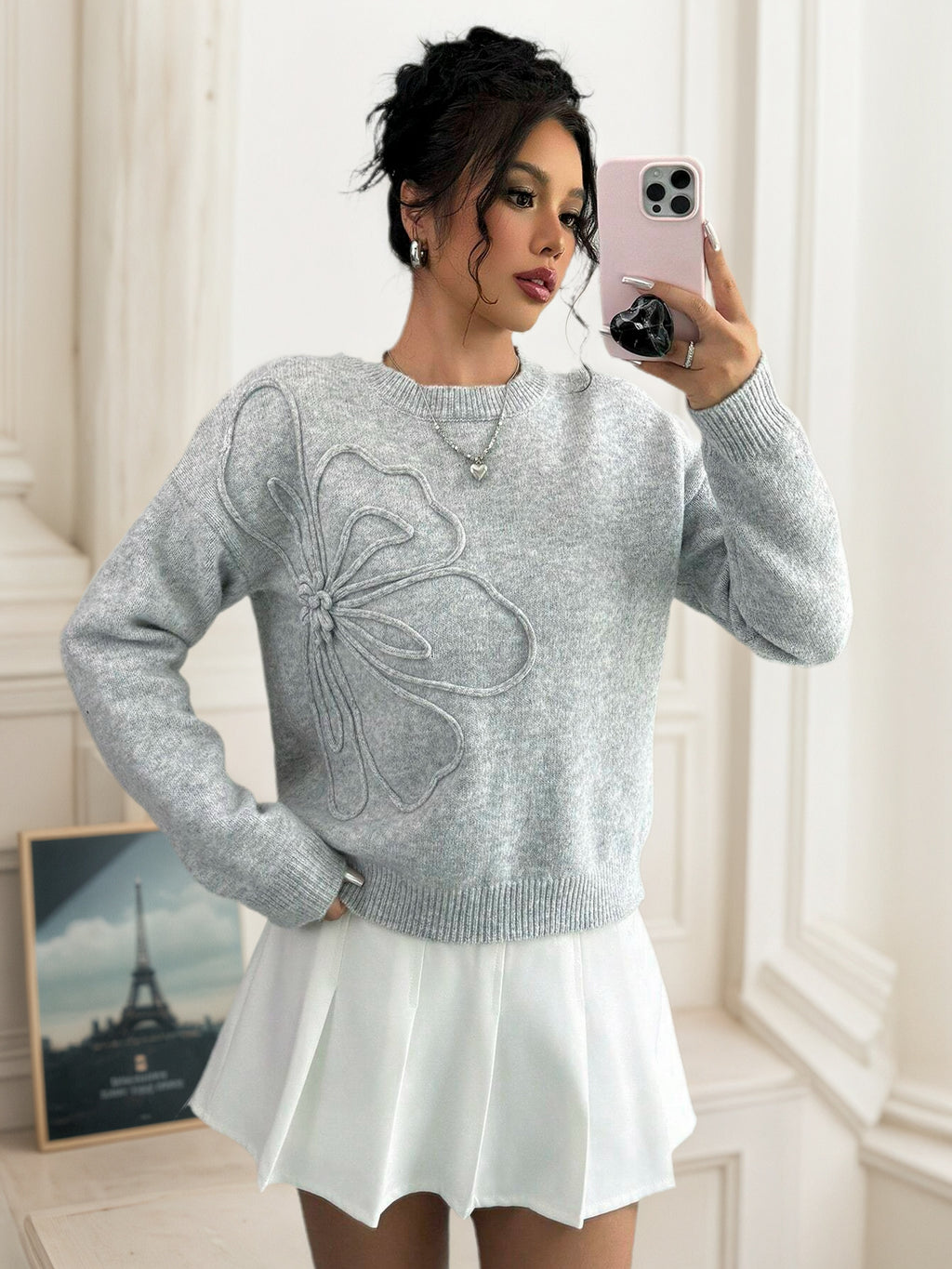 Cakulo FallFreshness Women's Casual Round Neck Floral Embroidery Loose Off-Shoulder Long Sleeve Pullover Sweater in Polyester Material