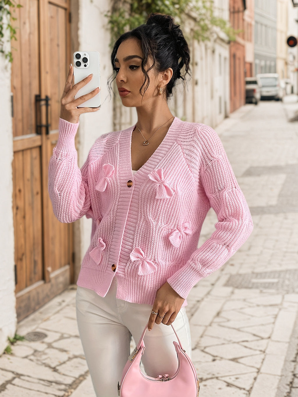 Cakulo Pink Bow-Tie Long-Sleeve Knitted Cardigan for Women - Chic Fitted Style with Geometric Patterns & V-neckline for Casual Layering