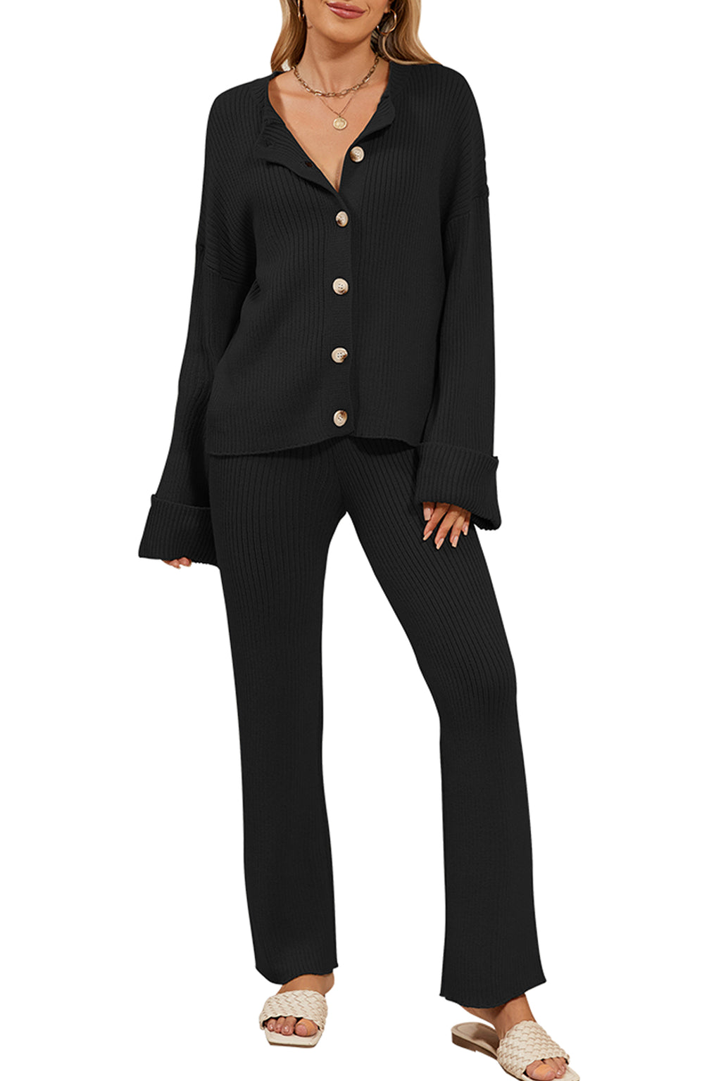 Cakulo Women's Loungewear Button Sweater & Wide Leg Pants
