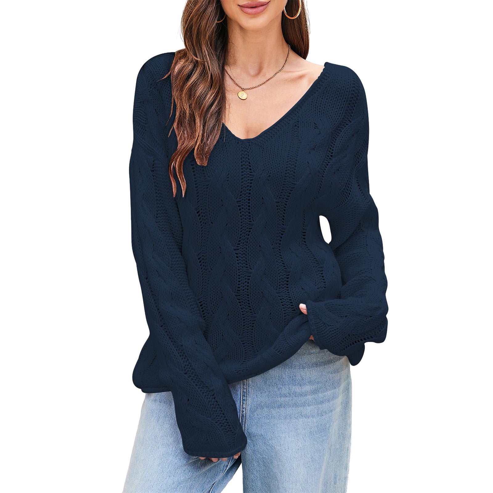 Cakulo Womens 2025 Oversized V - Neck Off - Shoulder Cable Knit Sweater
