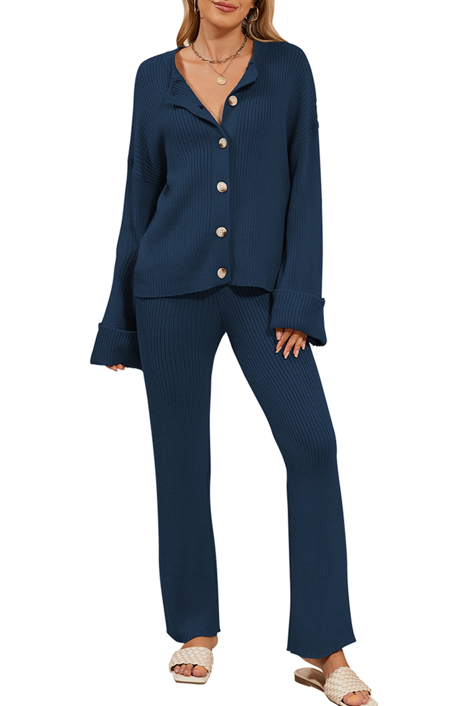 Cakulo Women's Loungewear Button Sweater & Wide Leg Pants