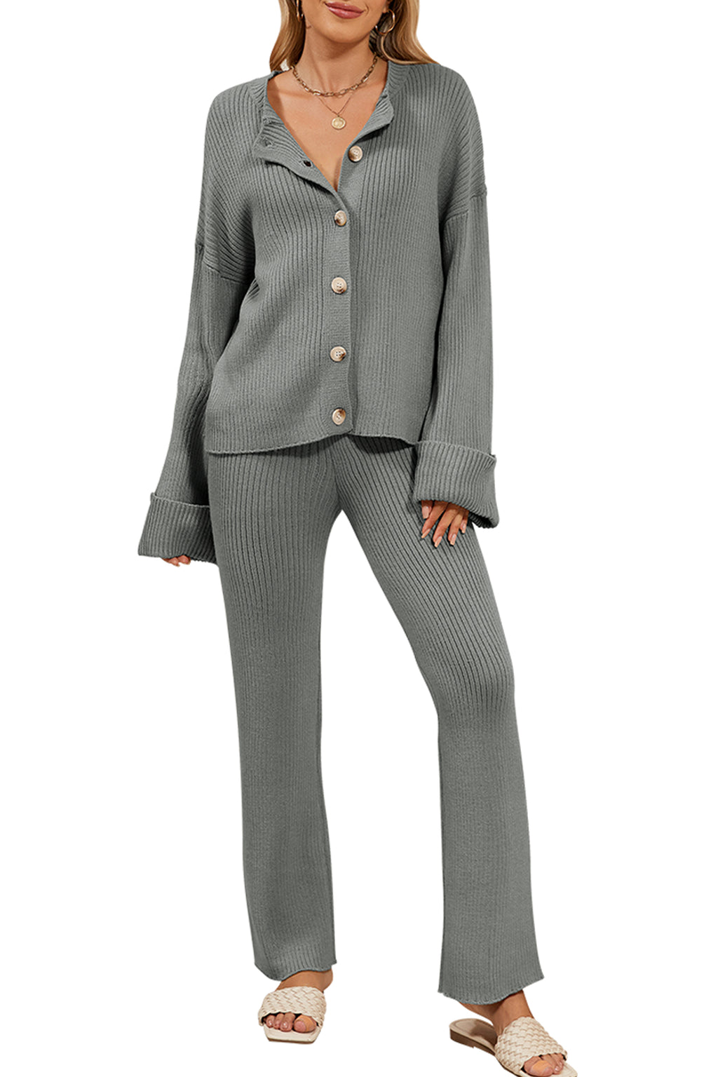 Cakulo Women's Loungewear Button Sweater & Wide Leg Pants