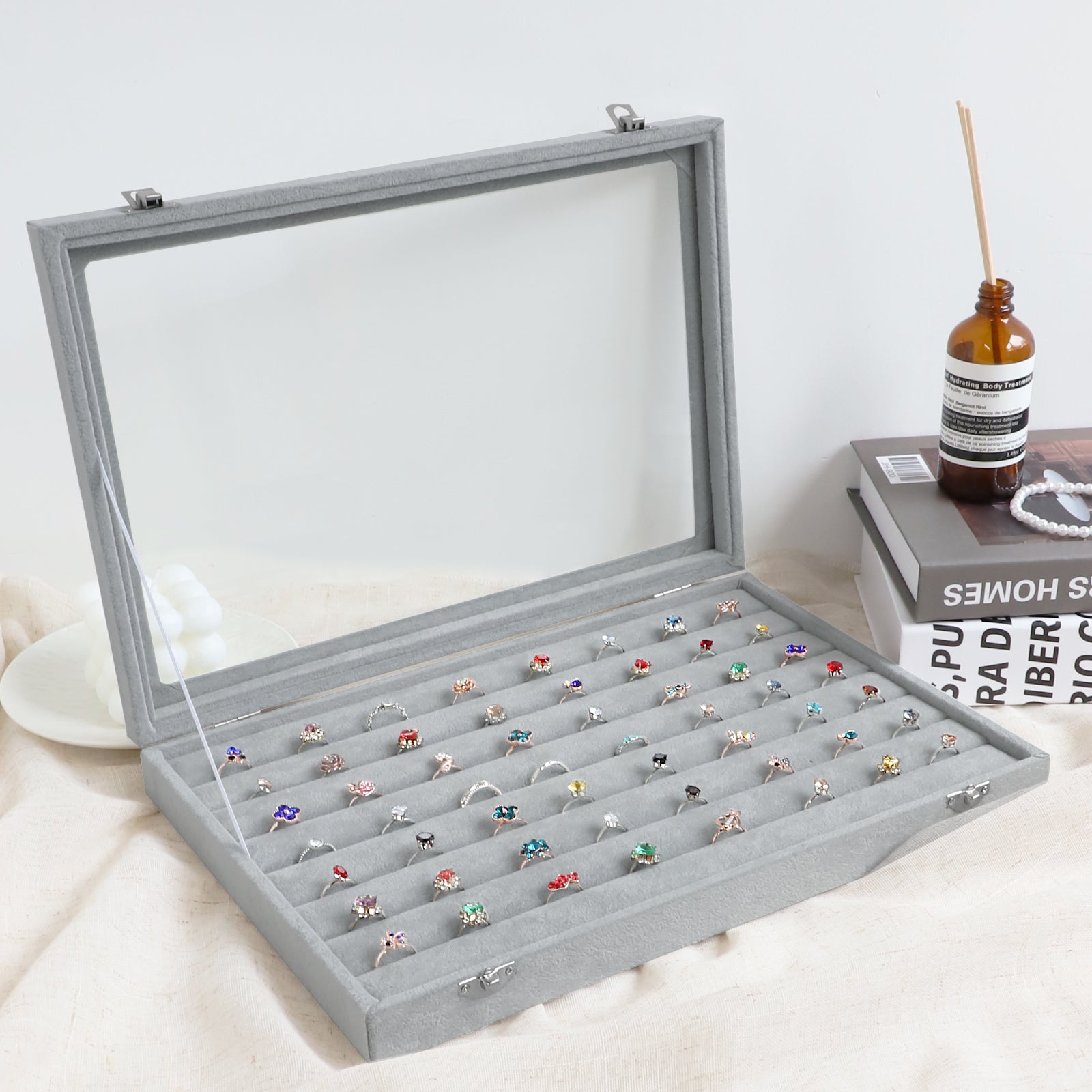 Cakulo Velvet Jewelry Organizer Tray with Clear Lid Stores Bracelets Rings Earrings